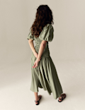 Textured V-Neck Puff Sleeve Midaxi Shirred Dress