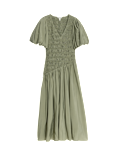 Textured V-Neck Puff Sleeve Midaxi Shirred Dress