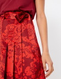 Satin Floral Pleated Midi Wrap Skirt