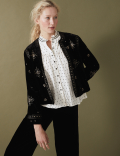 Velvet Embroidered Collarless Short Jacket