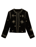 Velvet Embroidered Collarless Short Jacket