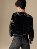 Velvet Embroidered Collarless Cropped Jacket