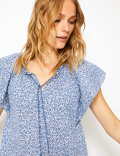 Pure Cotton Floral Print Frill Sleeve Blouse