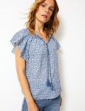 Pure Cotton Floral Print Frill Sleeve Blouse