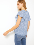 Pure Cotton Floral Print Frill Sleeve Blouse