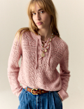 Cotton Blend Pointelle Tie Neck Jumper