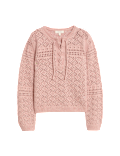 Cotton Blend Pointelle Tie Neck Jumper