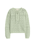 Cotton Blend Pointelle Tie Neck Jumper