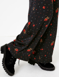 Satin Floral Print Wide Leg Trousers