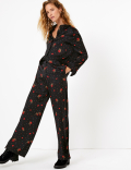 Satin Floral Print Wide Leg Trousers