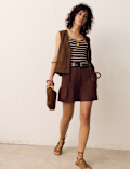 Linen Blend High Waisted Pleat Front Shorts