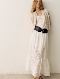 Pure Cotton Pintuck Lace Maxi A-Line Skirt