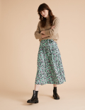 Jersey Floral Belted Midi A-Line Skirt