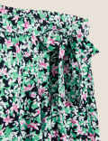 Jersey Floral Belted Midi A-Line Skirt