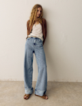 High Waisted Striped Wide Leg Turn Up Jeans
