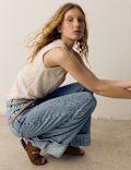 High Waisted Striped Wide Leg Turn Up Jeans