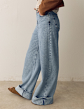 High Waisted Striped Wide Leg Turn Up Jeans