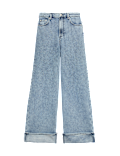 High Waisted Striped Wide Leg Turn Up Jeans