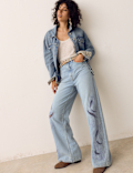 Pure Cotton Embroidered Cutwork High Waisted Wide Leg Jeans