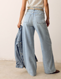 Pure Cotton Embroidered Cutwork High Waisted Wide Leg Jeans