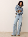 Pure Cotton Embroidered Cutwork High Waisted Wide Leg Jeans