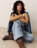 Pure Cotton Embroidered Cutwork High Waisted Wide Leg Jeans