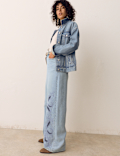 Pure Cotton Embroidered Cutwork High Waisted Wide Leg Jeans
