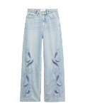 Pure Cotton Embroidered Cutwork High Waisted Wide Leg Jeans