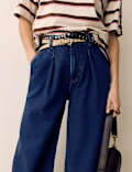 Denim High Waisted Pleat Front Wide Leg Cropped Jeans