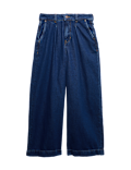 Denim High Waisted Pleat Front Wide Leg Cropped Jeans
