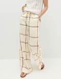 Linen Rich Checked Wide Leg Trousers