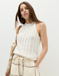 Linen Rich Checked Wide Leg Trousers