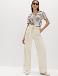 Pure Cotton Belted Wide Leg Turn Up Jeans