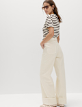 Pure Cotton Belted Wide Leg Turn Up Jeans