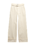 Pure Cotton Belted Wide Leg Turn Up Jeans