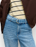 Pure Cotton Belted Wide Leg Turn Up Jeans
