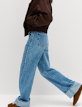 Pure Cotton Belted Wide Leg Turn Up Jeans