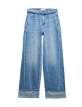 Pure Cotton Belted Wide Leg Turn Up Jeans