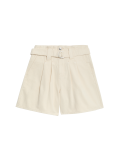 Denim Pleat Front Belted Shorts