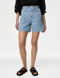 Denim Pleat Front Belted Shorts