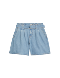 Denim Pleat Front Belted Shorts