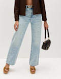 Relaxed High Waisted Gem Embellished Straight Leg Jeans