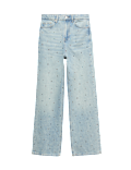 Relaxed High Waisted Gem Embellished Straight Leg Jeans