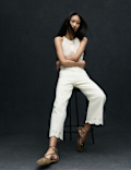 High Waisted Broderie Wide Leg Cropped Jeans