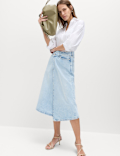 Pure Cotton Denim Asymmetric Midi Wrap Skirt