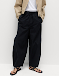 Pure Cotton Drawstring Barrel Leg Ankle Grazer Trousers
