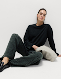 Cotton Blend Cosy Rib Pintuck Wide Leg Trousers