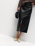 Faux Leather Midi Split Front A-Line Skirt