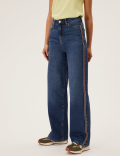 High Waisted Side Trim Wide Leg Jeans