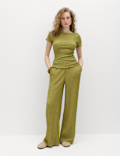 Textured Pull On Wide Leg Trousers
